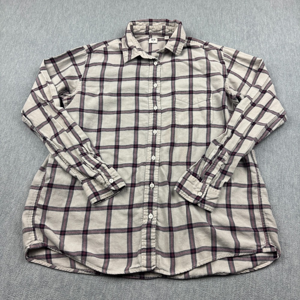 Uniqlo Shirt Womens Medium‎ Beige Purple Plaid Flannel Button Up Cotton Casual